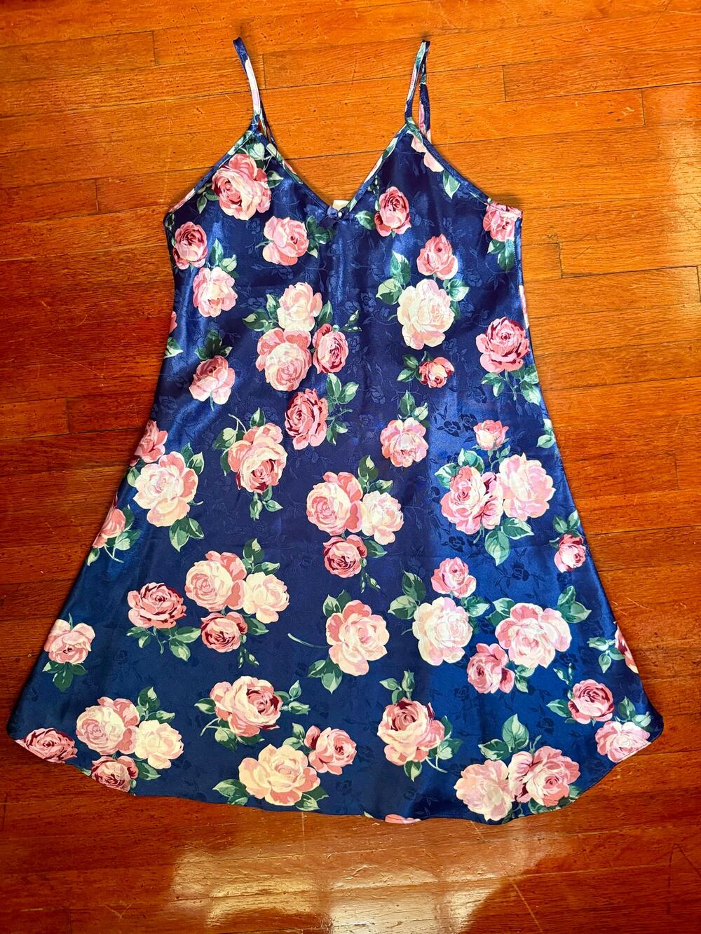 Vintage Y2K Navy Blue Pink Rose Adjustable Strap Mini Slip Lingerie Small Flirty